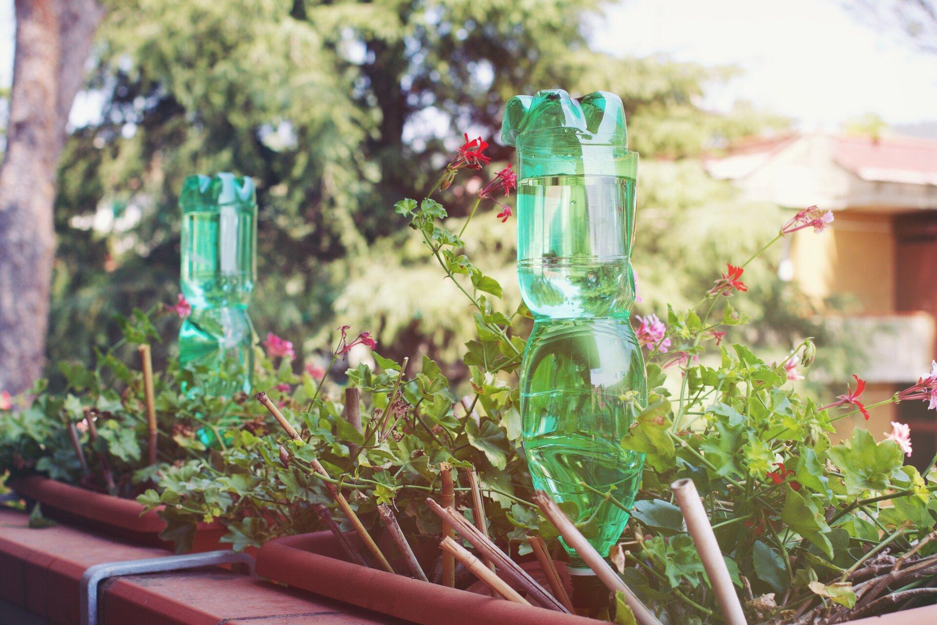 Plastikflaschen zum Blumengießen auf dem Balkon als Bewässerungsanlage
