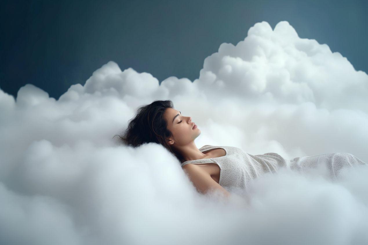 Frau schläft entspannt auf weichen Wolken – ein Gefühl, das ein hochwertiges Boxspringbett bieten kann.