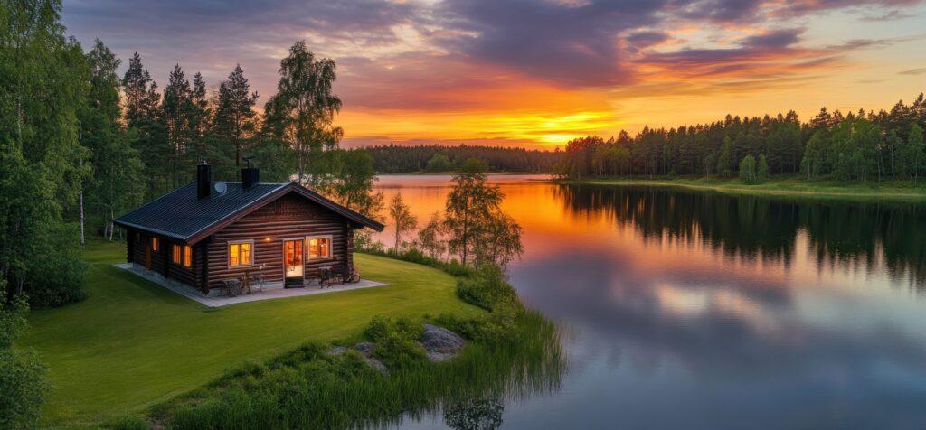 Gemütliches Blockhaus am See im Abendlicht mit Spiegelung im Wasser | Poolchemie